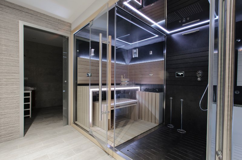 Modern finish smart sauna with neon lights in Denver Metro Area